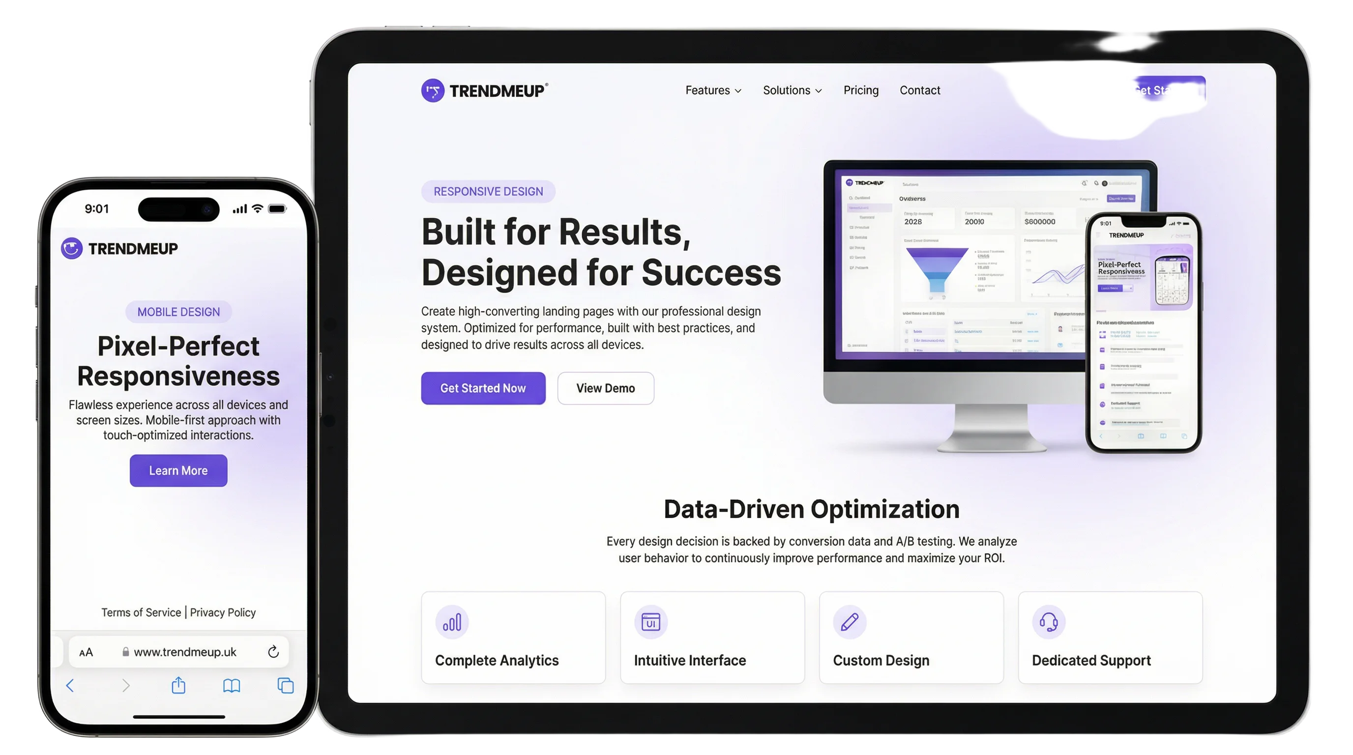 Landing page displayed on desktop, laptop, tablet, and mobile devices